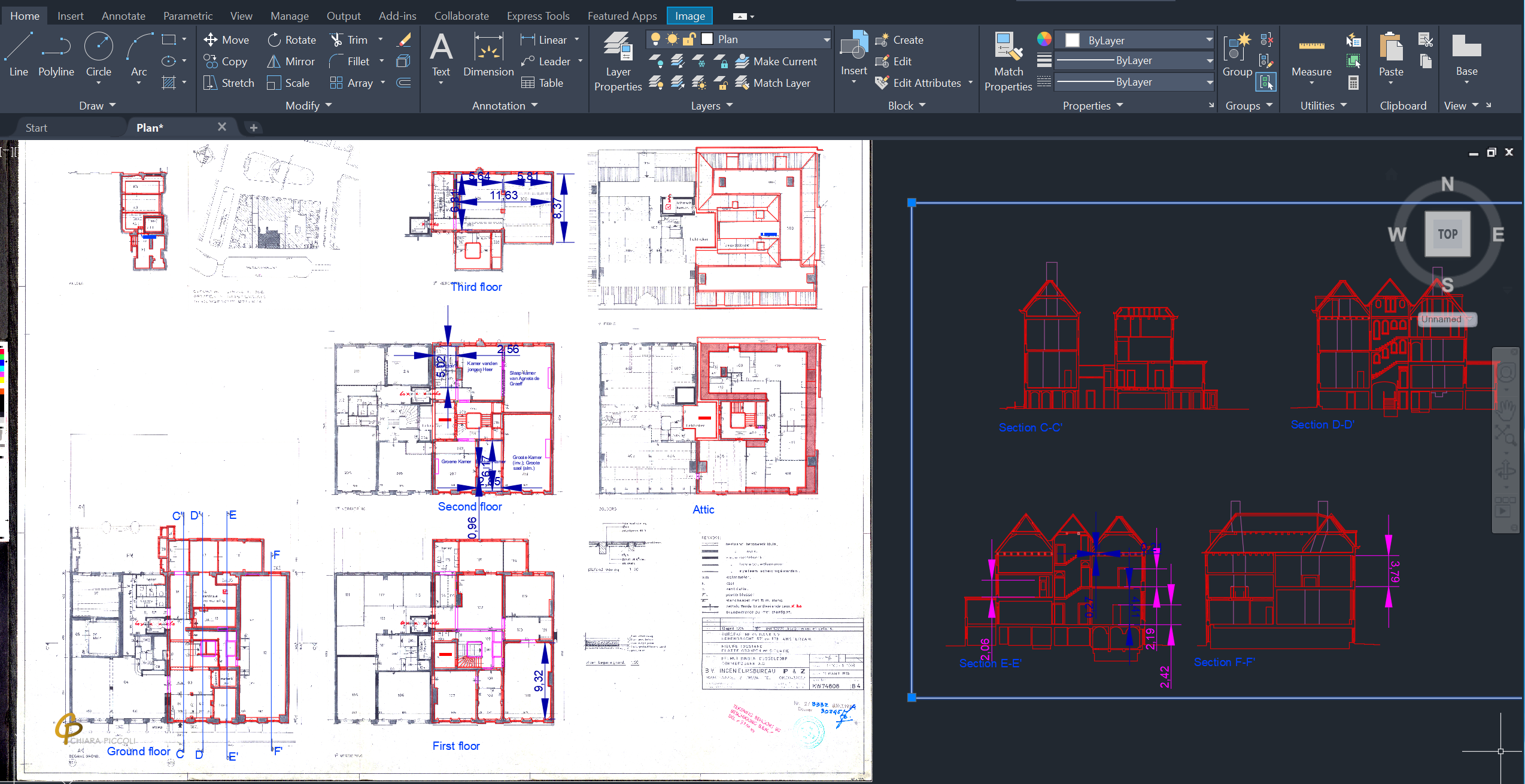 AutoCAD drawing of building plans and sections