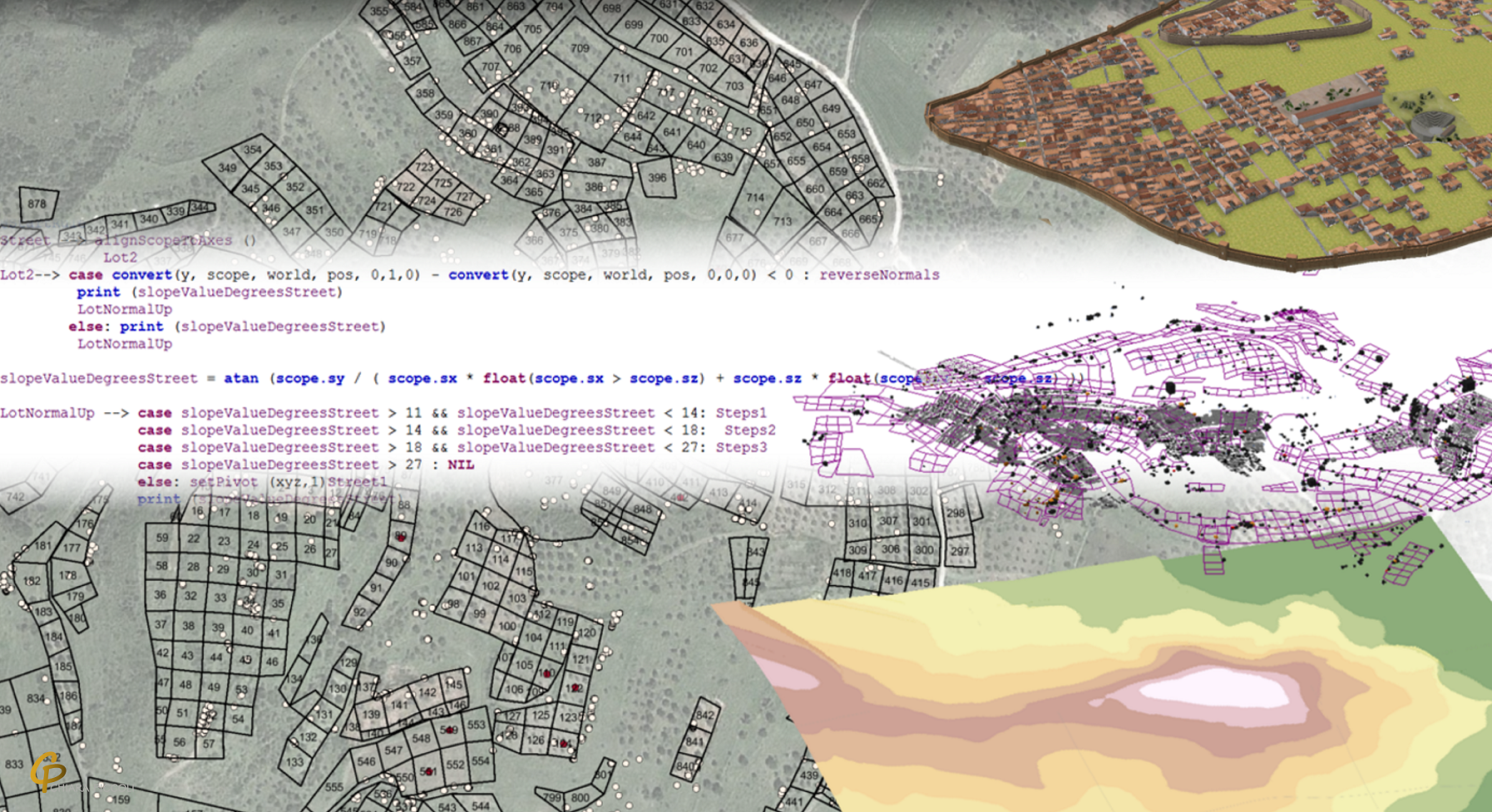 Overlay of terrain model, survey data and 3D reconstruction of Koroneia